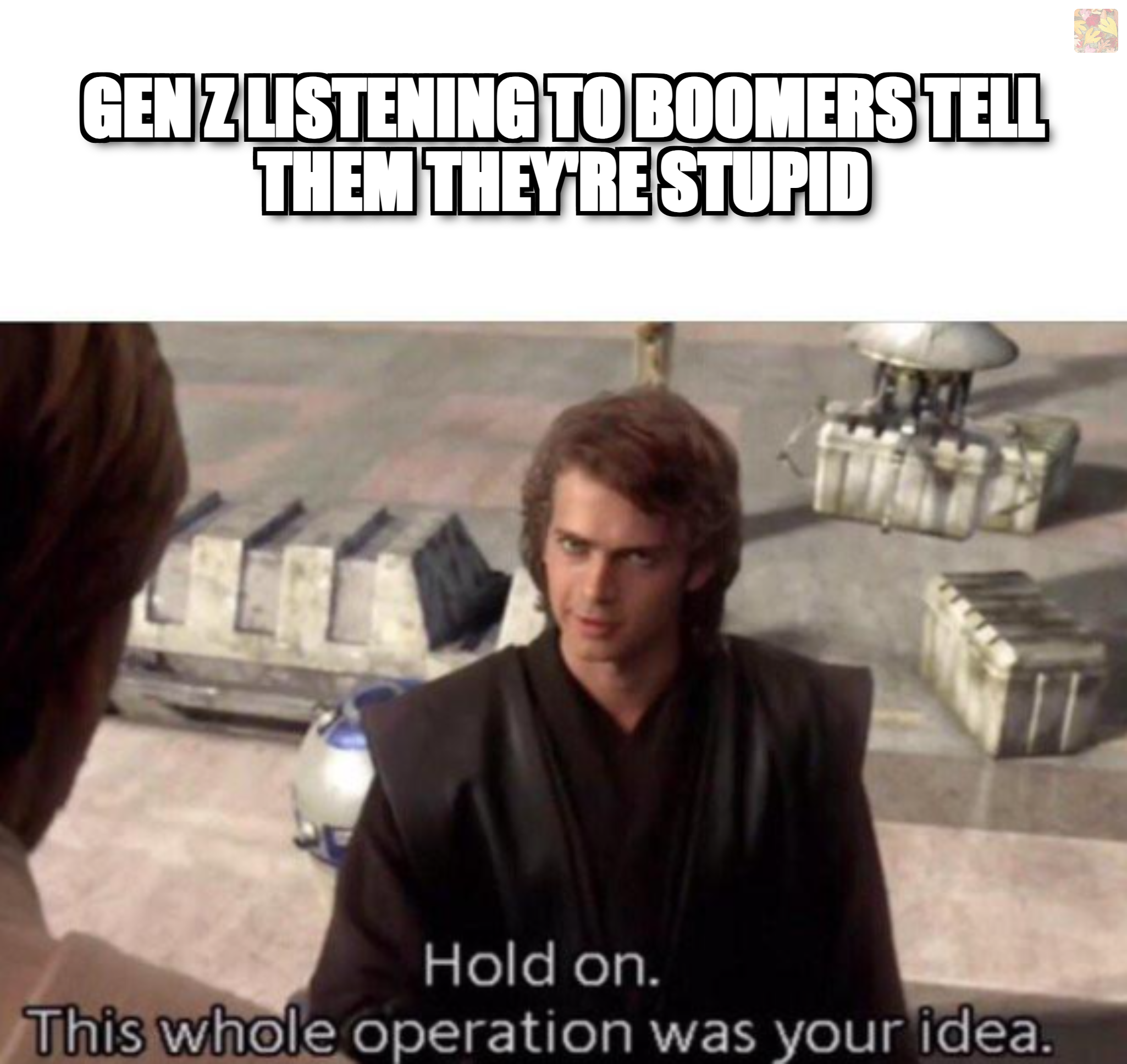 Anakin Skywalker captioned: gen z listening to boomers tell them they're stupid
