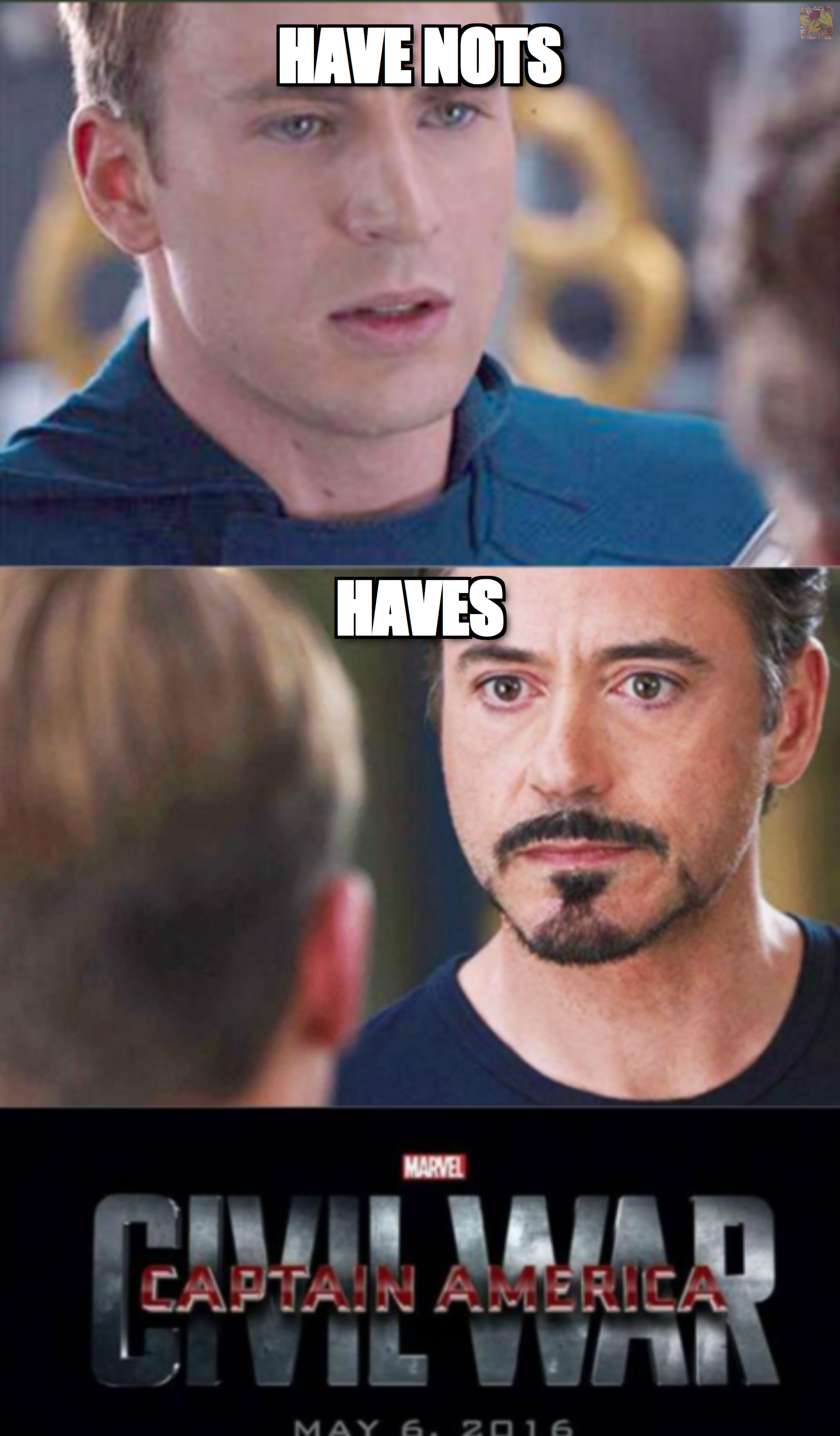 Captain America and Iron Man labelled have nots and haves over the Civil War title card