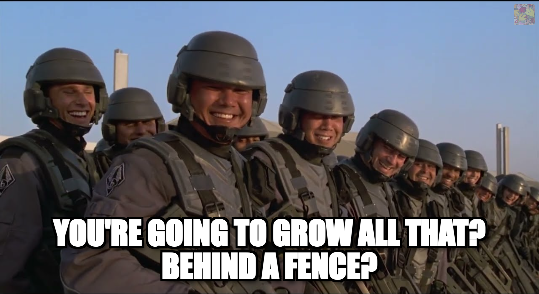 A squad of soldiers laughing, captioned: you're going to grow all that? behind a fence?