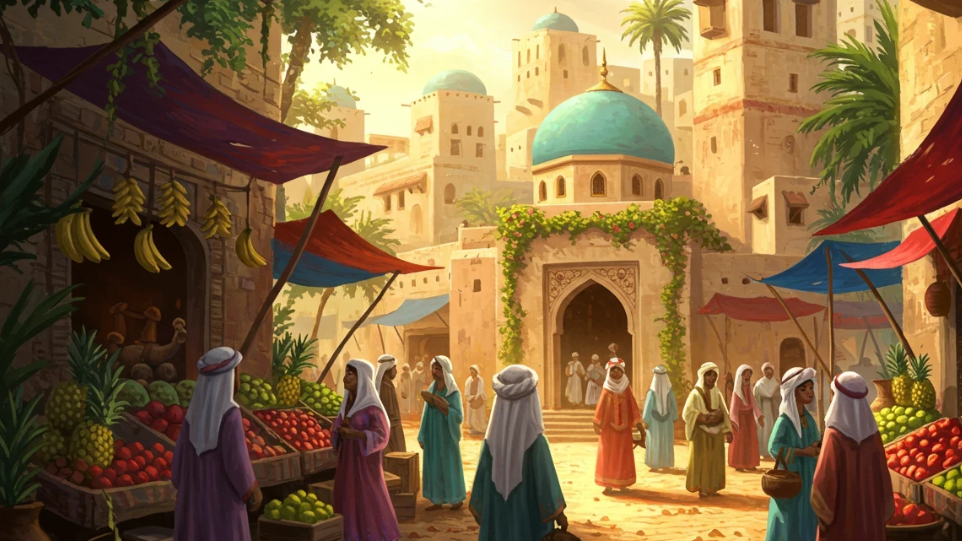 A bustling marketplace in ancient Babylon