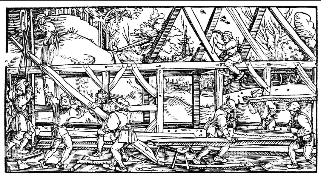 A Renaissance woodcut of carpenters and builders at work