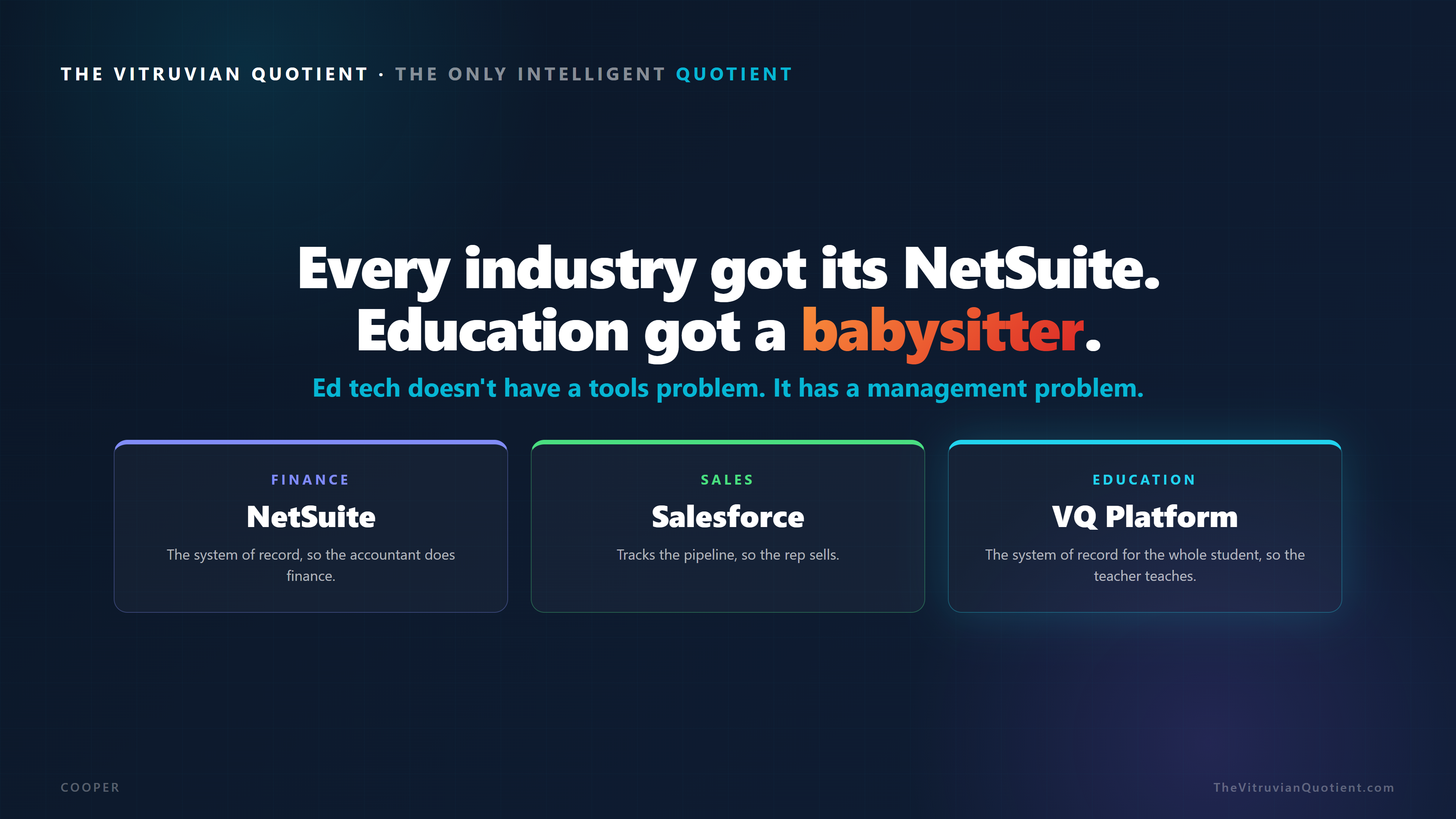 Every industry got its NetSuite. Education got a babysitter. Finance got NetSuite, sales got Salesforce, the classroom gets VQ Platform.