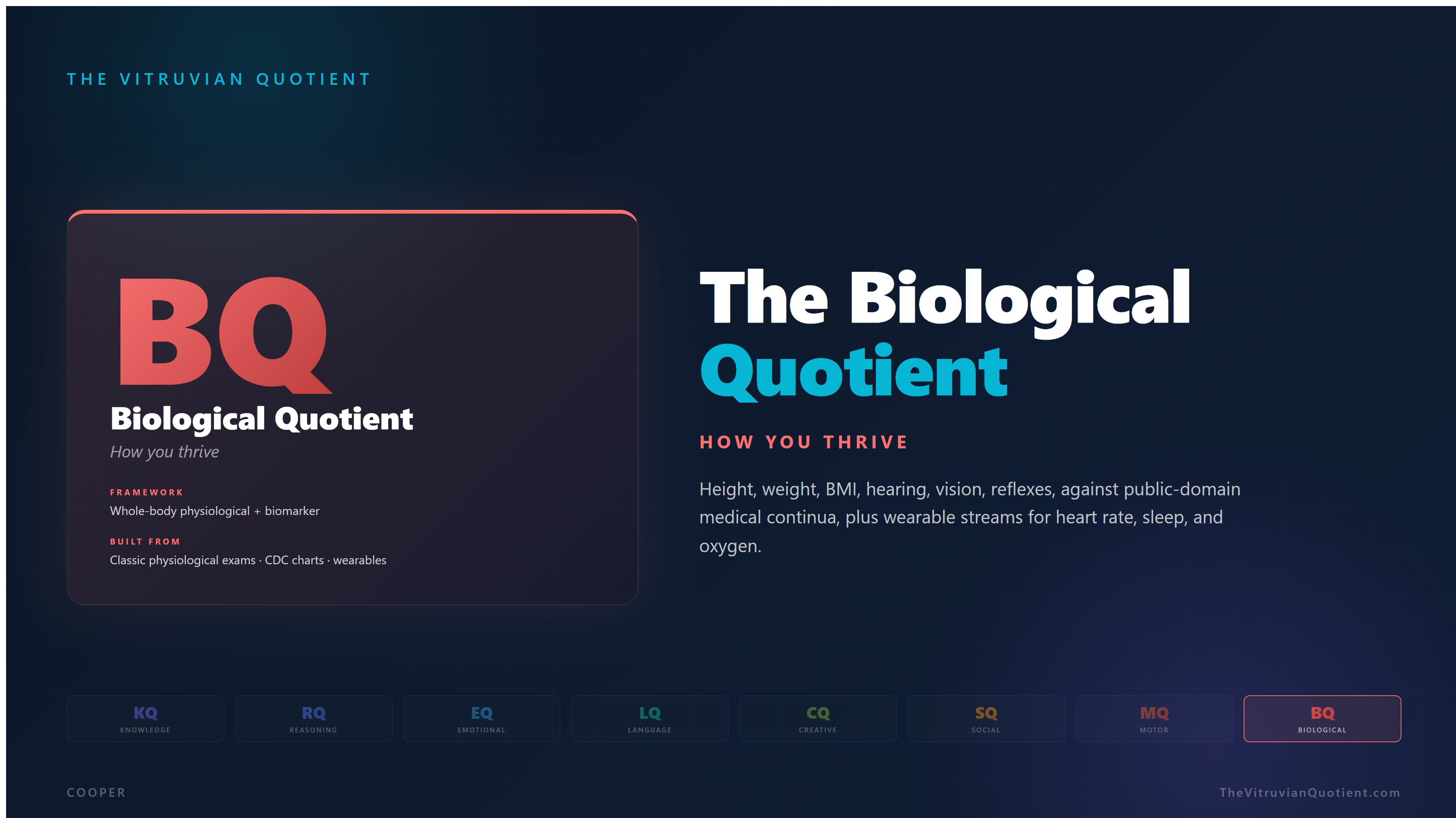 The Biological Quotient (BQ): the shape the machine is in, scored system by system against published healthy ranges for your age.