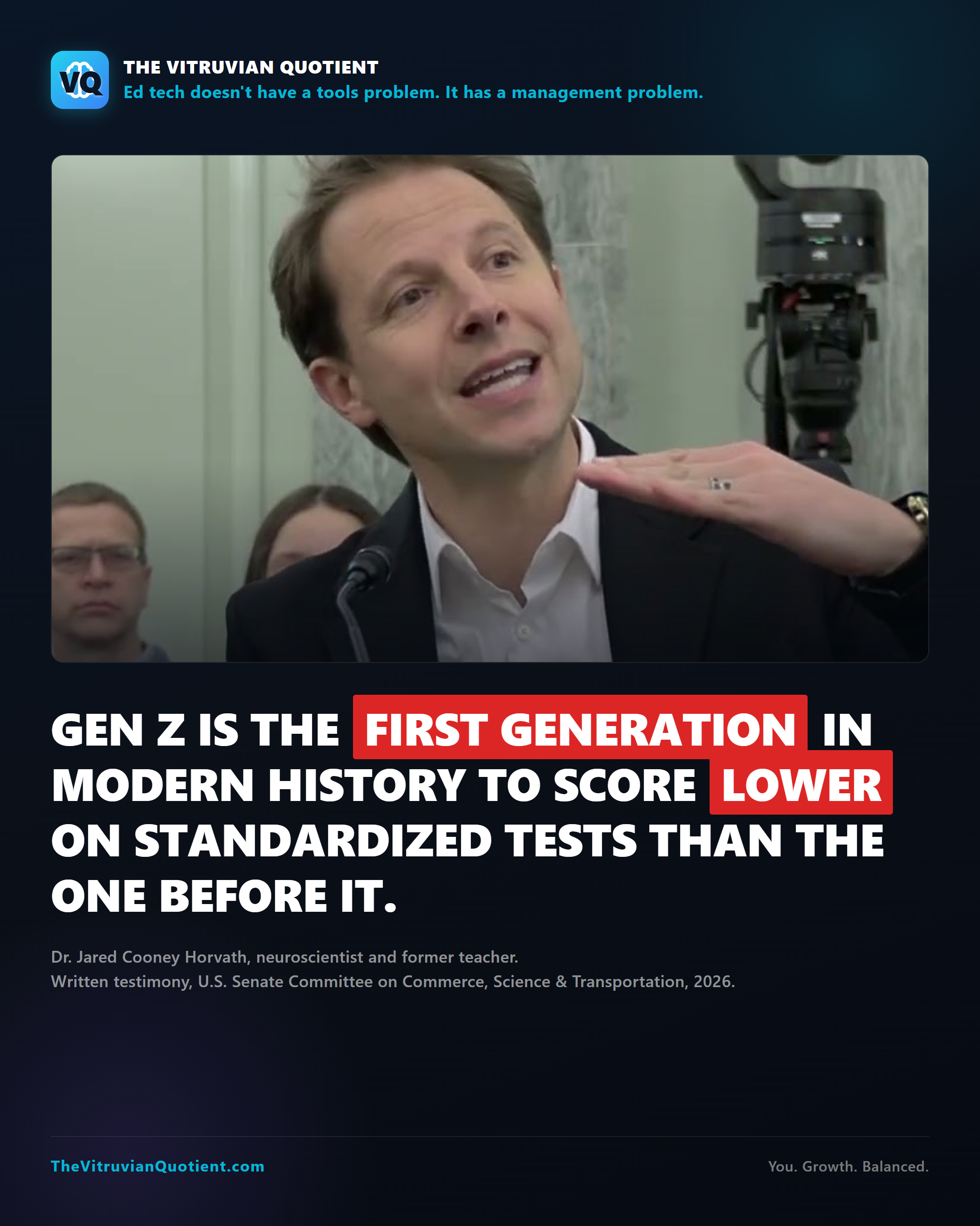 Dr. Jared Cooney Horvath Senate testimony: Gen Z is the first generation in modern history to score lower on standardized tests than the one before it