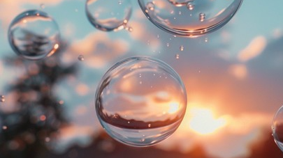 Soap bubbles drifting against a sunset sky