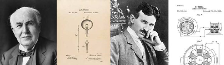 Thomas Edison and Nikola Tesla beside their patent drawings for the electric lamp and the alternating-current motor