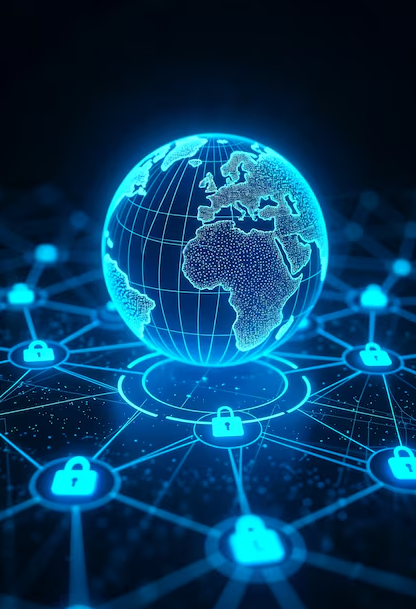 A glowing blue globe wired into a network of padlock nodes