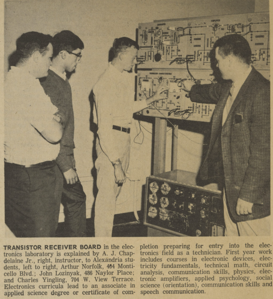 Newspaper photo of students at a transistor receiver board in an electronics laboratory (Encyclopedia Virginia)