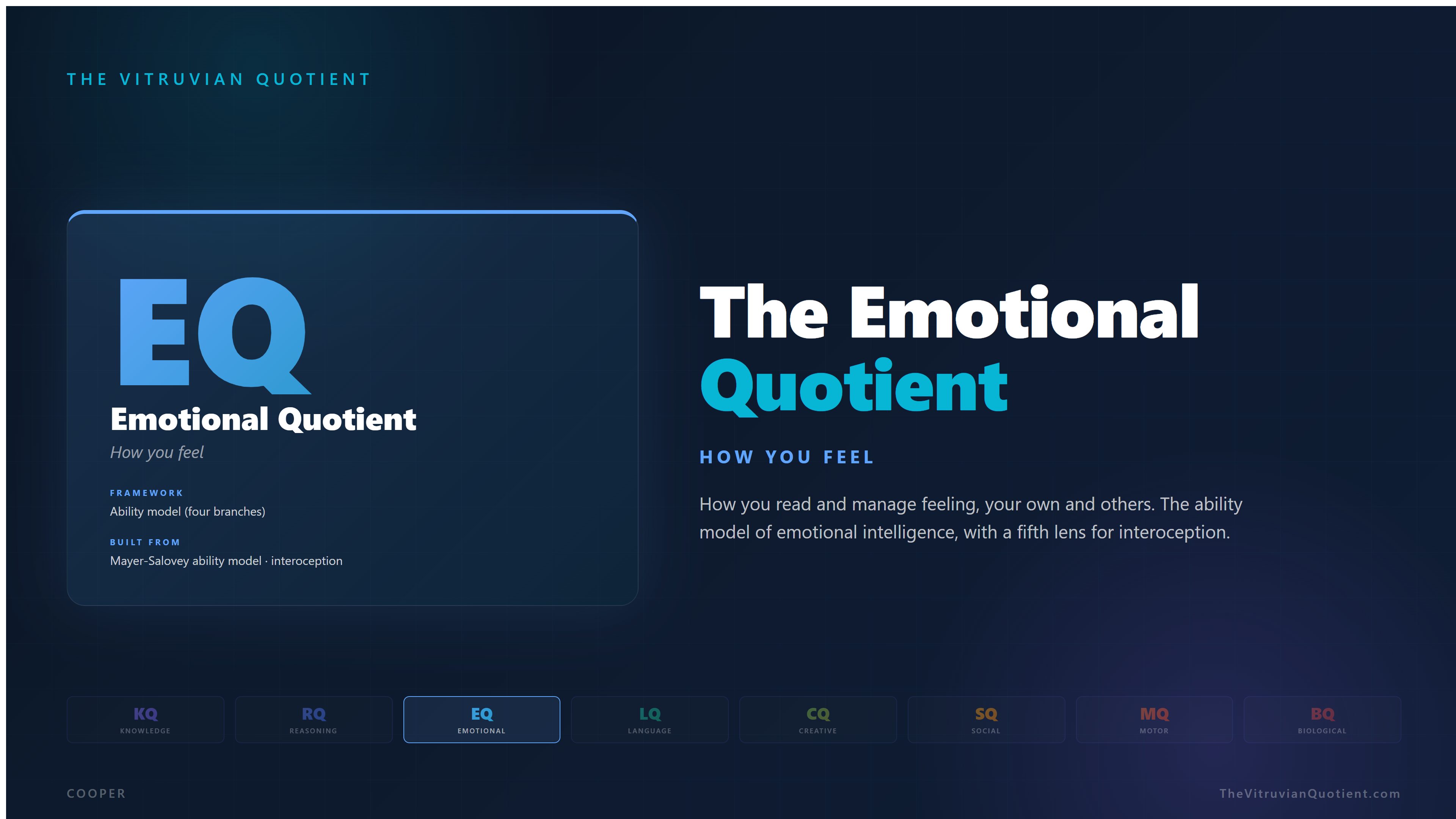 The Emotional Quotient (EQ): how you feel. The ability model of emotional intelligence, four branches plus a fifth lens for interoception.