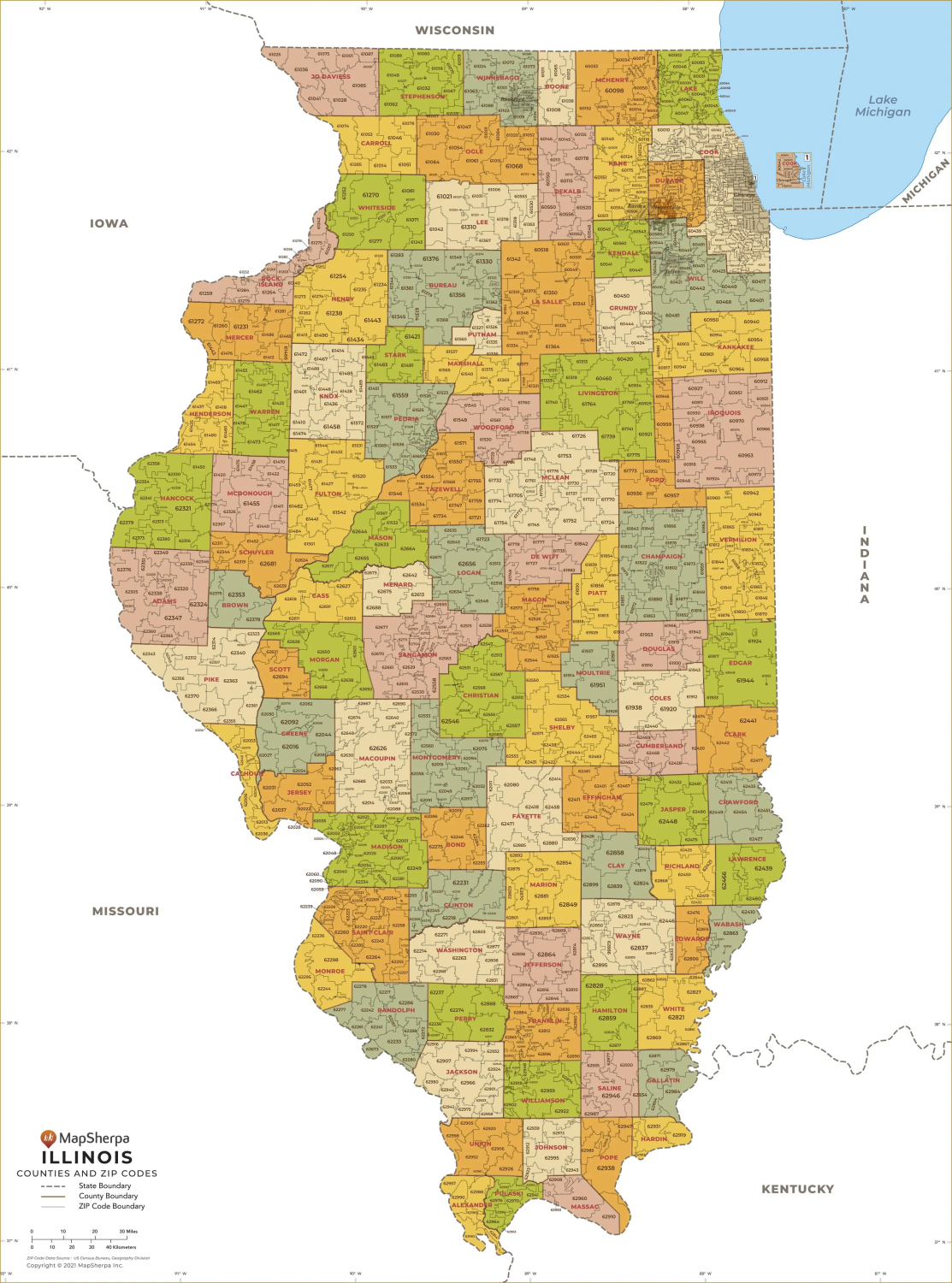 Map of Illinois counties and zip codes