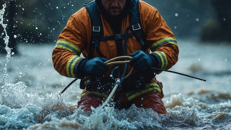 A first responder wading through floodwater