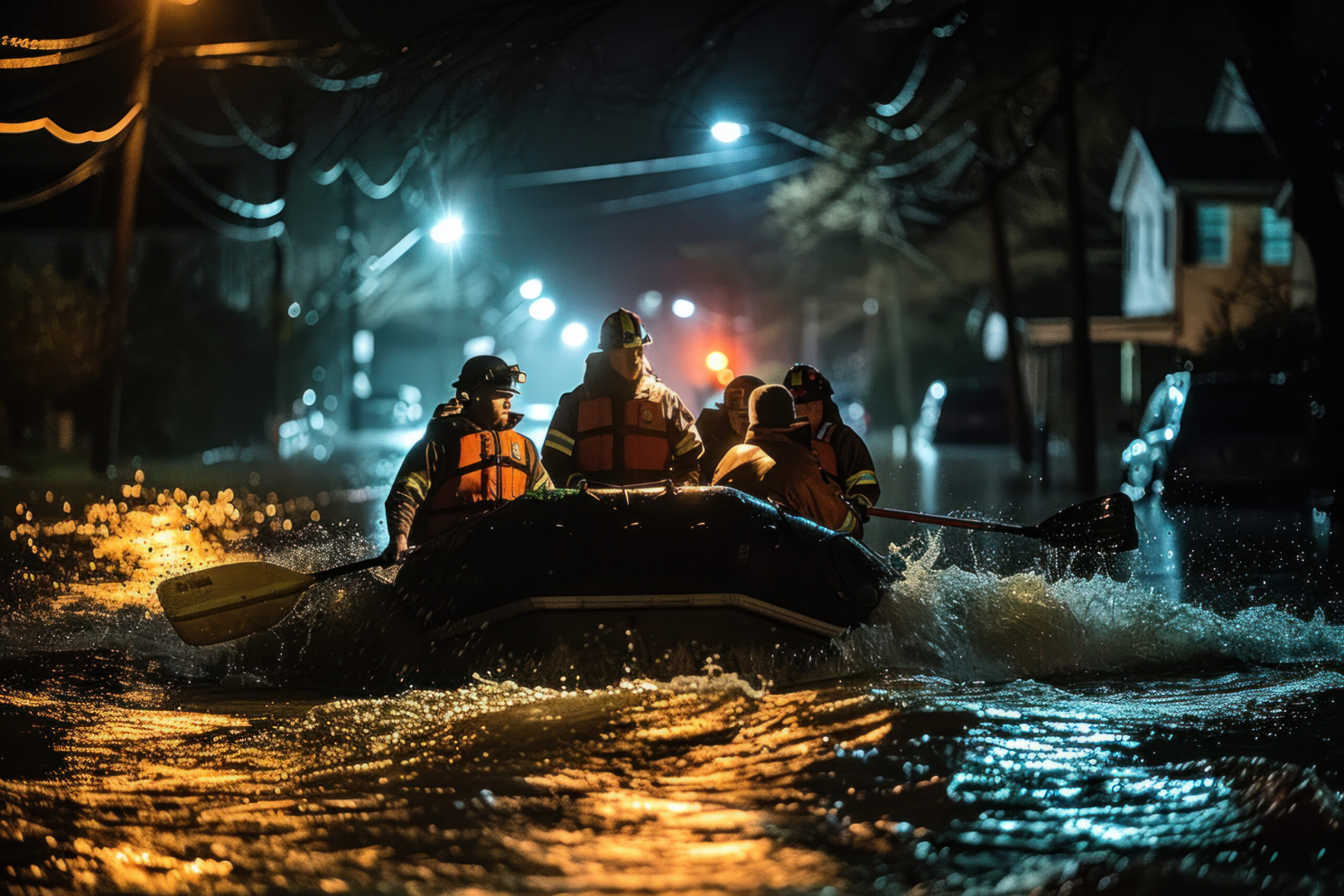 Emergency responders in a rescue boat navigating a flooded street at night