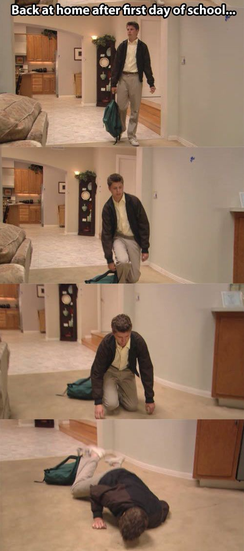Arrested Development: 'Back at home after first day of school' — a man collapses dramatically onto the floor