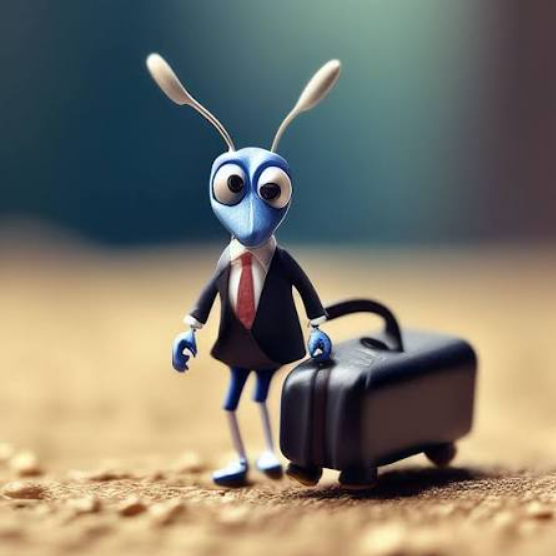 A small figurine of an ant in a business suit and tie, pulling a rolling suitcase