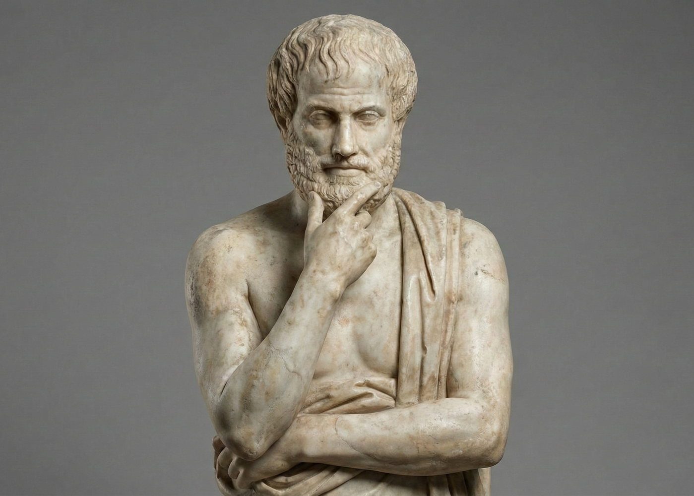 A marble bust of Aristotle, hand to his chin in thought