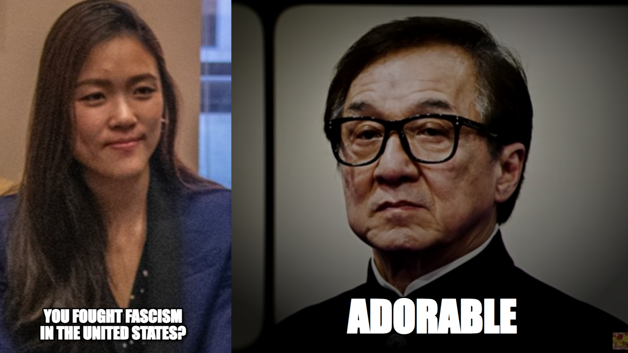 Two-panel meme: Frances Hui and Jackie Chan