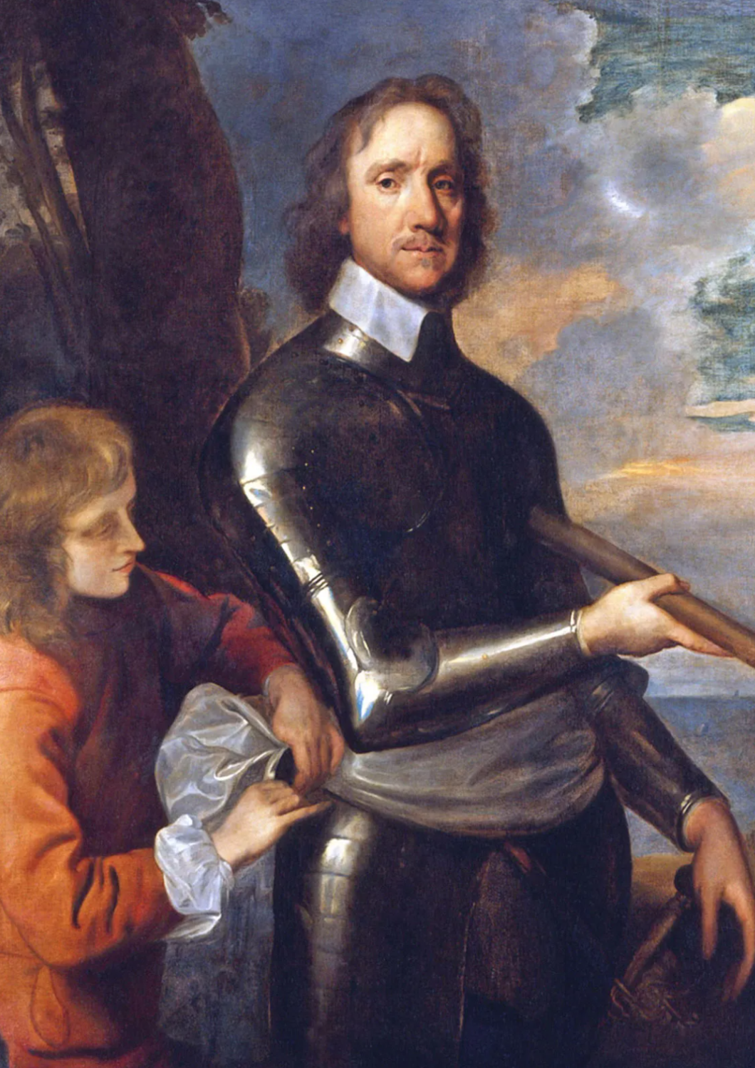 Portrait of Oliver Cromwell in armor, a page holding his sash