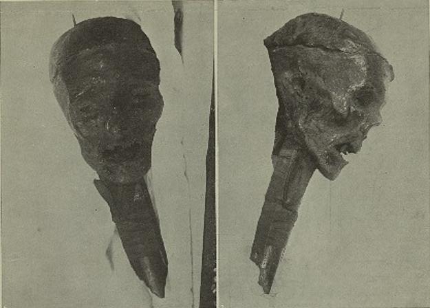 Two photographs of Cromwell's mummified severed head on its iron spike