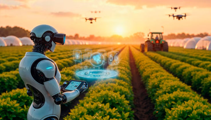 A humanoid robot standing in a farm field at sunset, drones overhead and a tractor in the rows