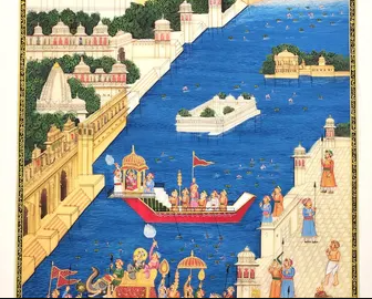 An Indian miniature painting of a lake palace with royal barges and courtiers