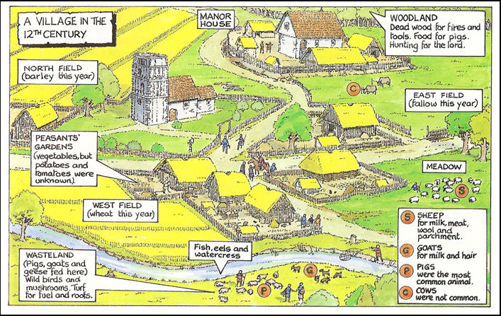Illustrated diagram of an English village in the 12th century: manor house, three fields, mill, church, and commons