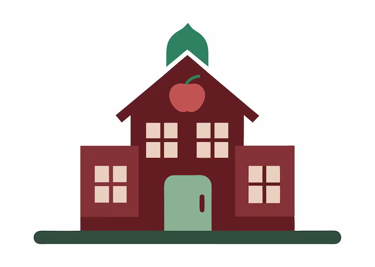 A simple one-room schoolhouse icon with an apple over the door