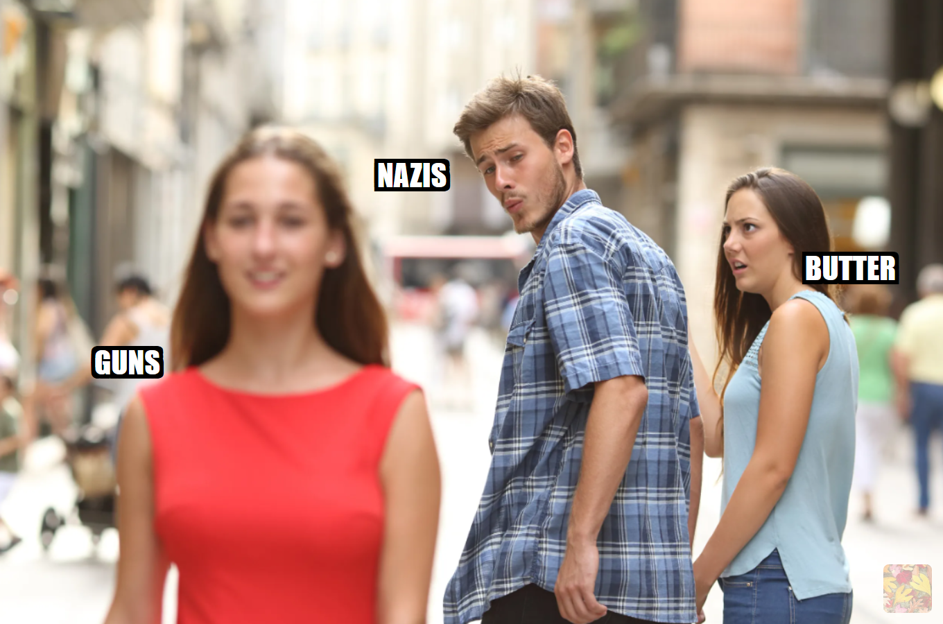 Distracted-boyfriend meme labeled DECAY and POST-WWII ALLIES, eyeing IT ONLY TAKES ~20,000 FACTORIES TO MAKE EVERYTHING. Caption: Today's way of life was chosen in direct protest to The Venus Project