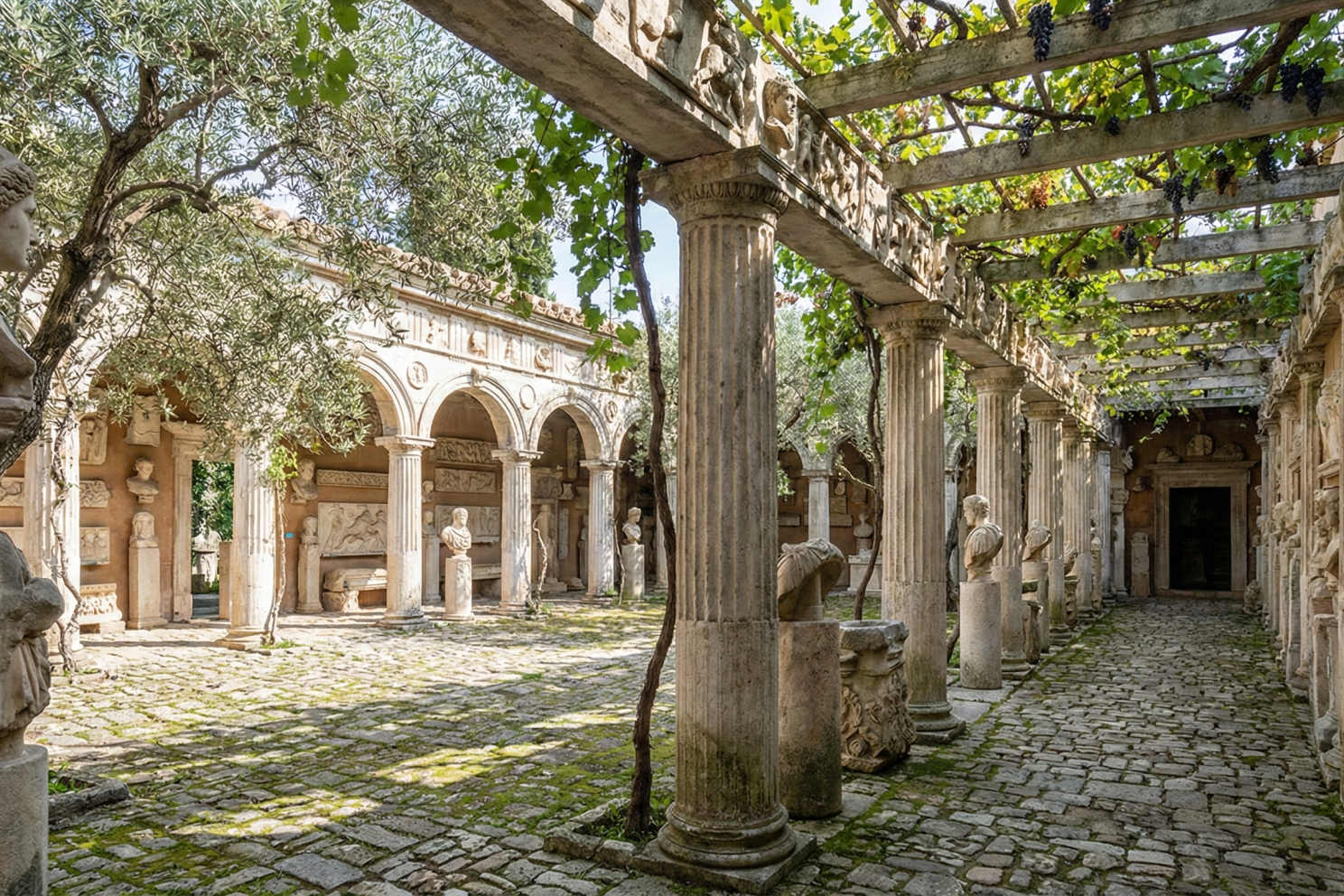 A vine-covered Renaissance colonnade and courtyard lined with antique statues