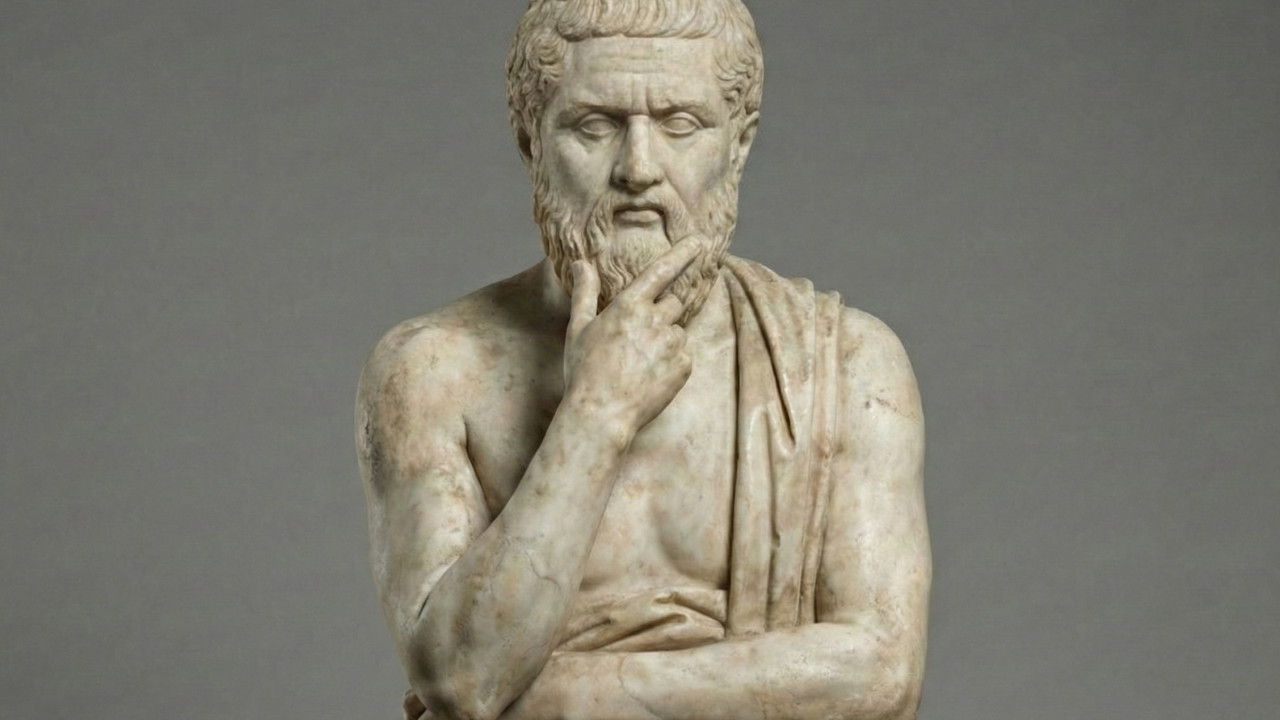 A marble statue of a seated ancient Greek philosopher, hand to chin