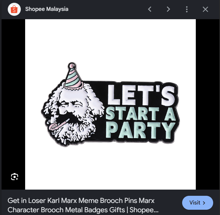 A Karl Marx enamel brooch pin reading LET'S START A PARTY, listed for sale on Shopee.