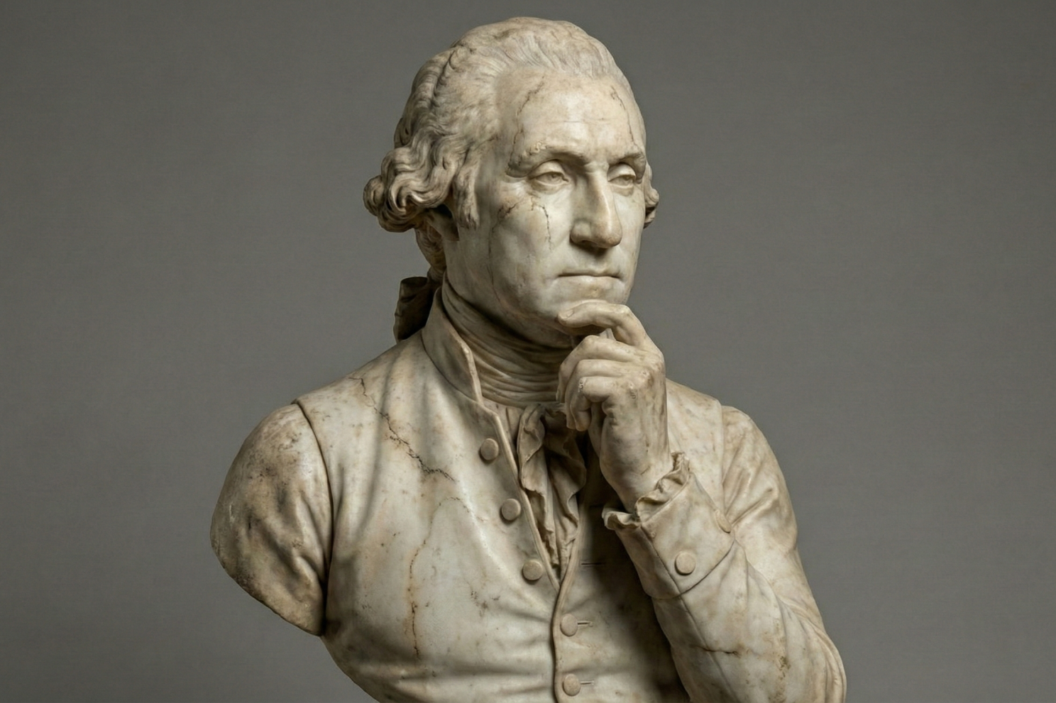 A marble bust of George Washington in a thoughtful pose, one hand raised to his chin.