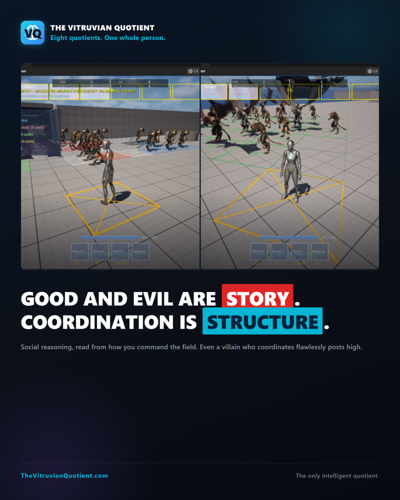 VQ: good and evil are story, coordination is structure. Social reasoning read from how you command the field (VQ Game in Active Development)