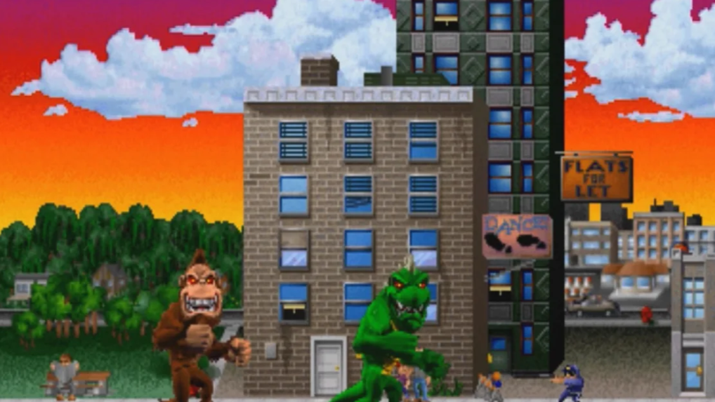 Rampage arcade game: giant monsters smashing a city building (credit: Rampage)