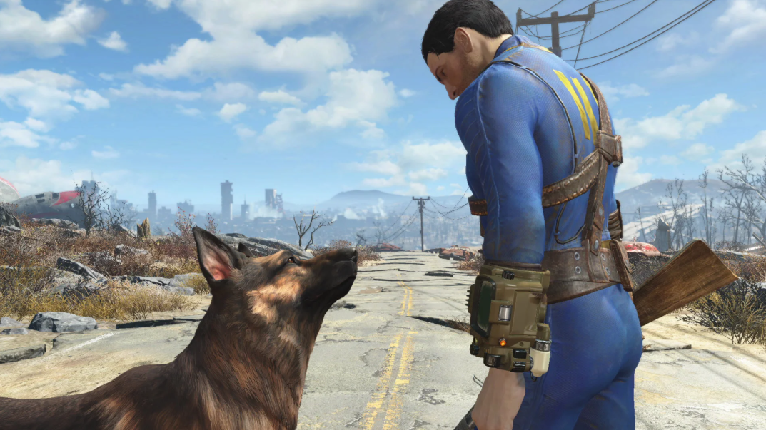 A dog and the lone wanderer on a ruined highway (Fallout)