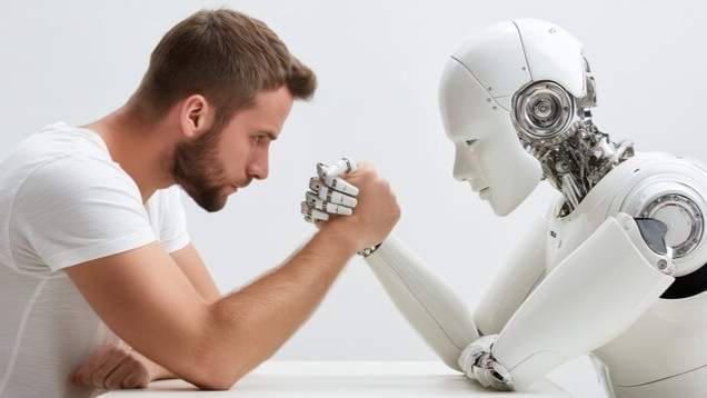 A man arm-wrestling a humanoid robot across a table