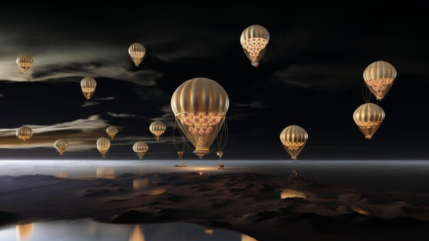 A fleet of golden aerostats drifting above the Venus surface at dusk (credit: Freepik)
