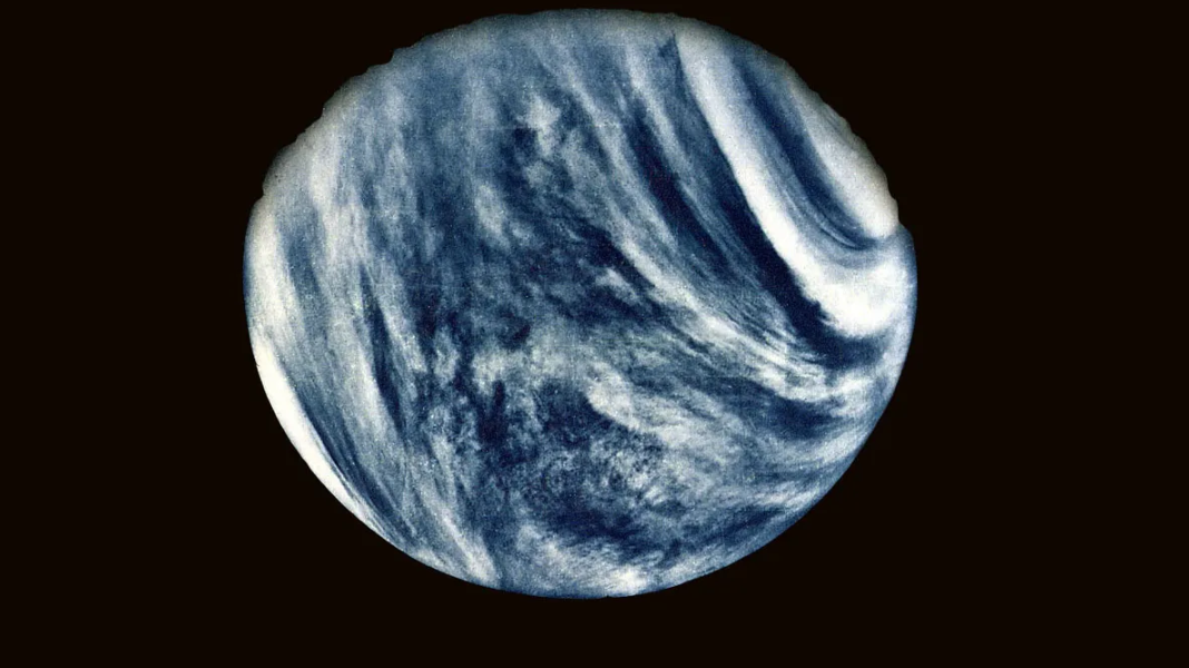 Venus imaged in ultraviolet, showing the banded cloud deck (credit: Mariner / NASA)