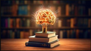 Brain on books with lightbulb