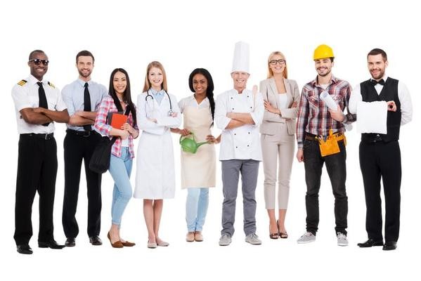 A diverse group of professionals: pilot, businessman, student, doctor, chef, businesswoman, construction worker, and waiter