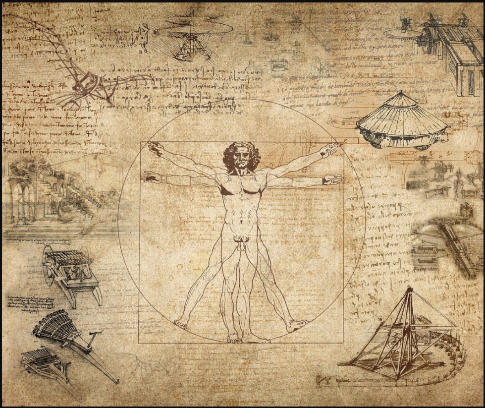 Da Vinci's Vitruvian Man with inventions