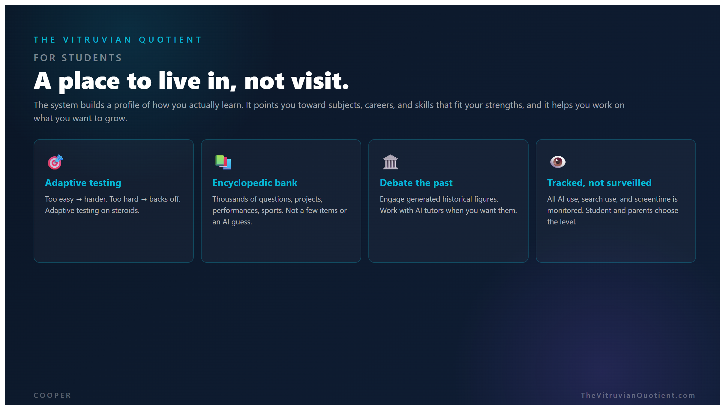 For students: a place to live in, not visit. Adaptive testing, encyclopedic bank, debate the past, tracked not surveilled